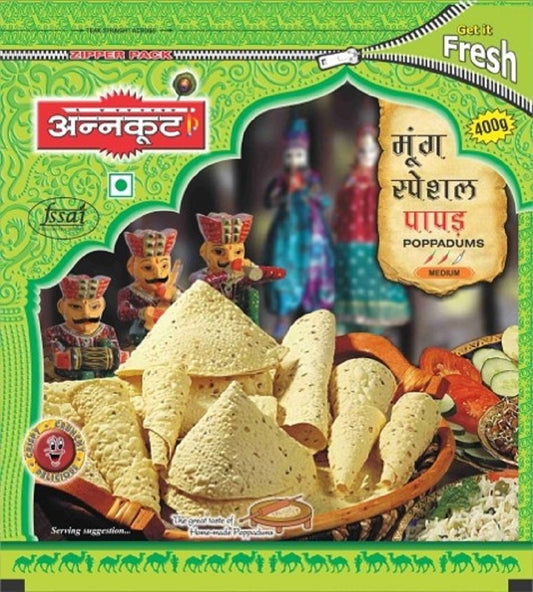 ANNKOOT PAPAD 400 GMS  | Moong Dal Plain Papad (Rajasthani Flavor, Low Spicy, Handmade), 400G - otoba's foods 